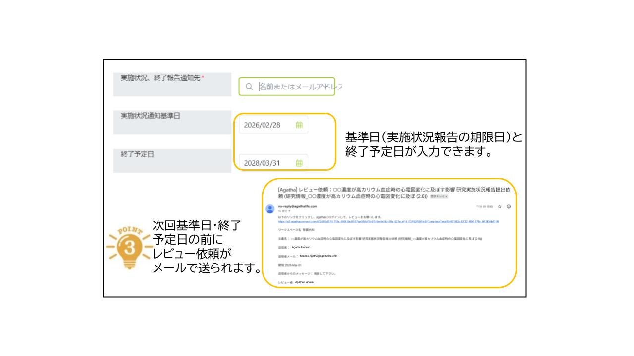 実施状況報告の期限や終了予定日を設定し、事前にメール通知される仕組み